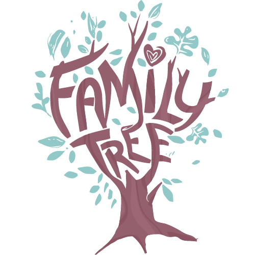 Cartoon tree with "Family Tree" written as part of the branches. 