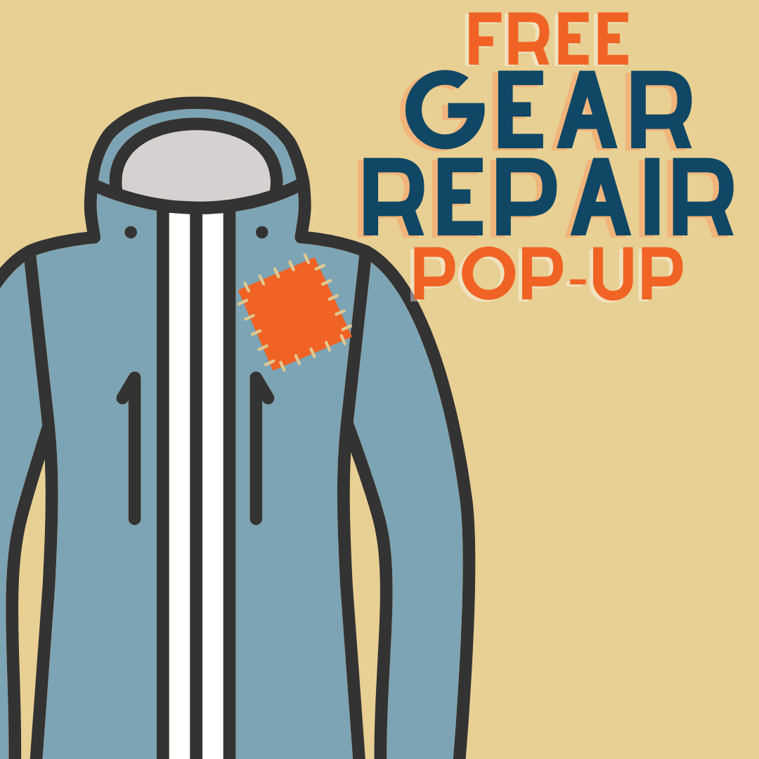Image of jacket with repair patch on shoulder, text reads: Free Gear Repair Pop-Up