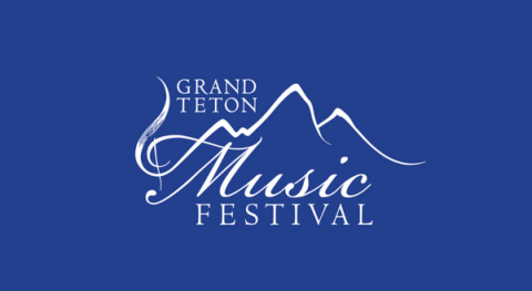 Grand Teton Music Festival logo white letters on a blue background