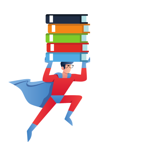 Person wearing a red and blue superhero costume carrying five books over their head