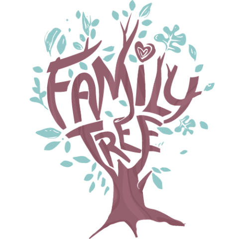 Cartoon tree with the text "Family Tree" as the branches. 