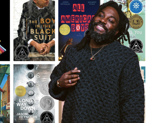 image of Jason Reynolds with some of his book covers