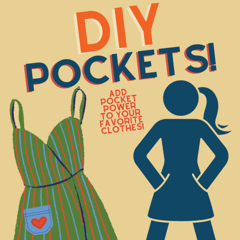 Illustrated images of a dress with a patch pocket and a person with hands in pockets