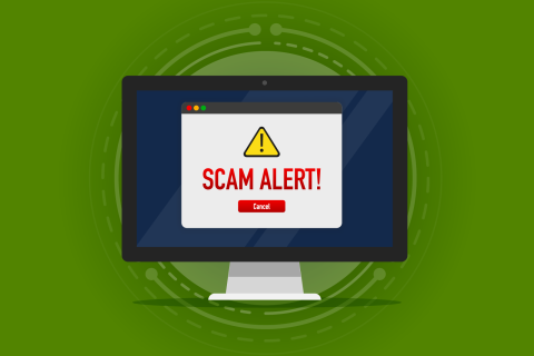 image of a computer with "scam alert" on the screen