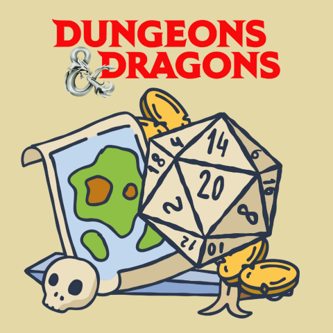 image of a D&D game piece and map with words "Dungeons & Dragons"