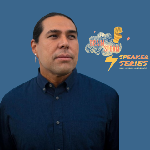 image of Dallas Goldtooth with the Brainstorm speaker series logo