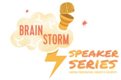 Brainstorm logo with a cloud, bolt of lightning and a microphone