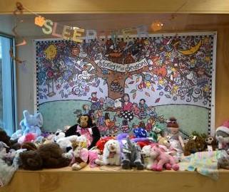 stuffed animals at the library