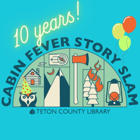 image of the Cabin Fever Story Slam logo with "10 years!" floating above it