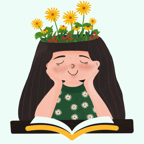 image of a child with cartoon flowers growing out of the top of her head