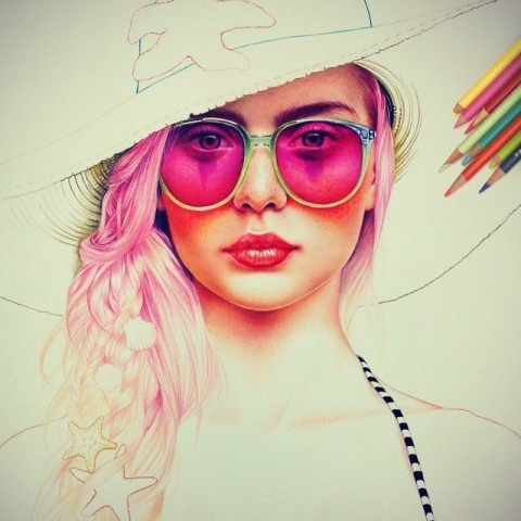 Colored pencil drawing of a lady in a hat with sunglasses