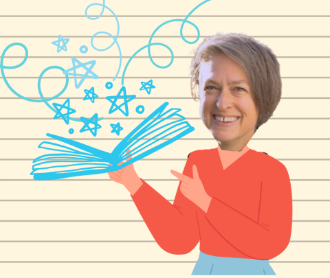 cartoon image of Joanna Cooke with picture book