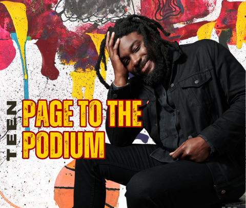 image of Jason Reynolds with text reading "Teen Page to the Podium"