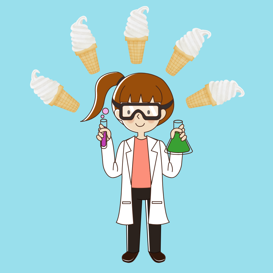 girl scientist holding beakers and surrounded by ice cream cones