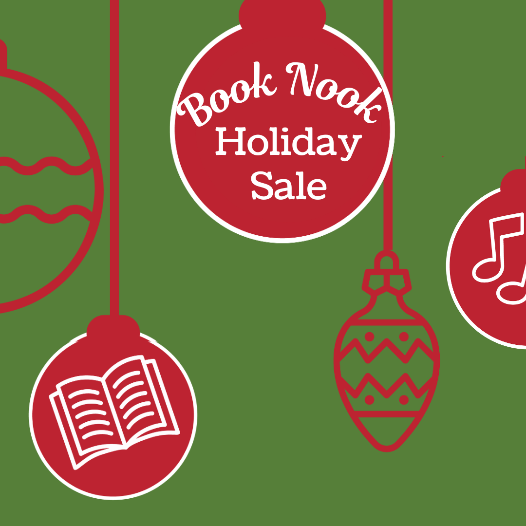 image of ornaments, including one that says "Book Nook Holiday Sale" on it